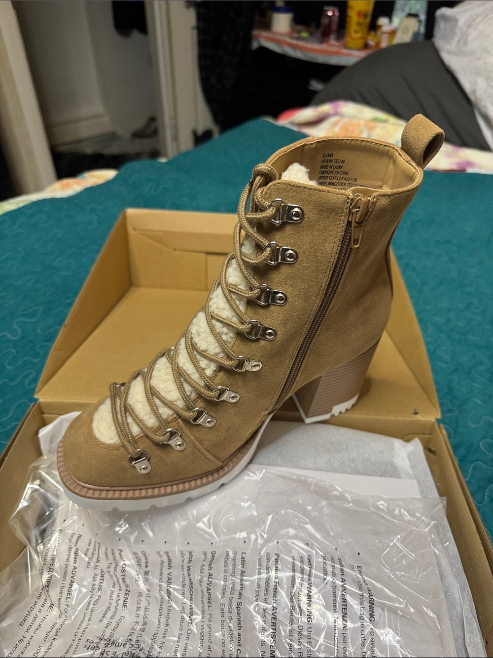 JustFab Tan Suede Lace-Up Block Heel Ankle Boots with Cream Sherpa